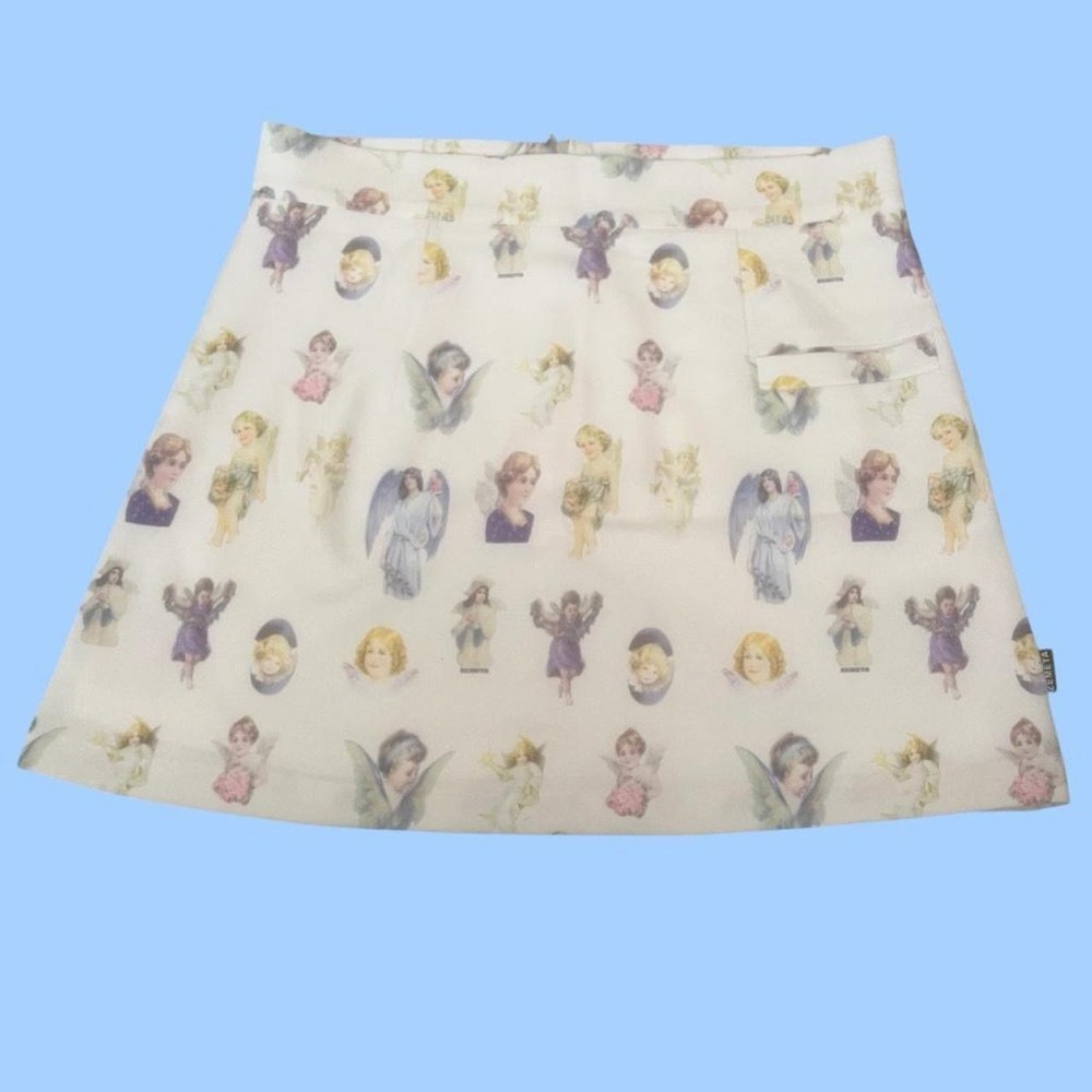 Angel Print Coquette White Mini Skirt